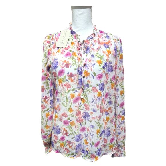 JOIE Floral Blouse Medium 8-10 Tie V-Neck  Sheer Sleeve Smocked Cuff Pink Purple - Picture 2 of 13
